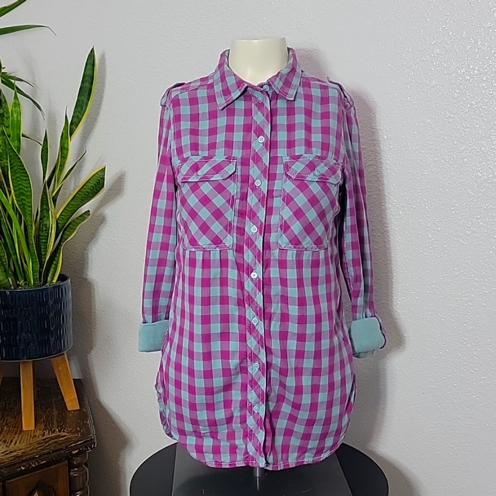 H&M L/S Plaid Flannel Size 2 SMALL- Purple and Teal Longsleeve Shirt